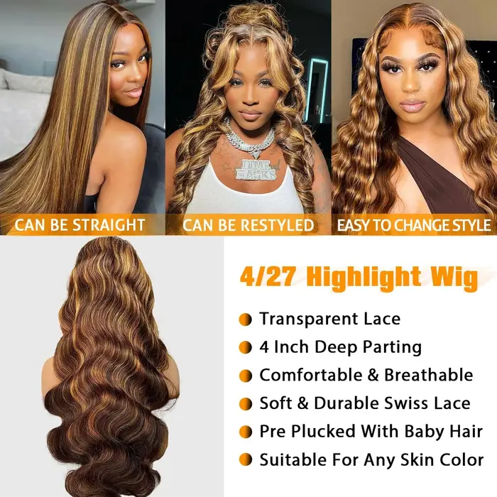 Perruque Frolo Body Wave 13x6 HD Lace en Cheveux Humains Péruviens, Mèches Blondes 4/27 Ombré Marron