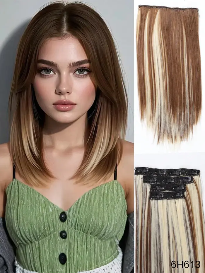 Extensions de cheveux synthétiques longs et lisses de 14 pouces, 4 pièces/ensemble, noir, brun, blon
