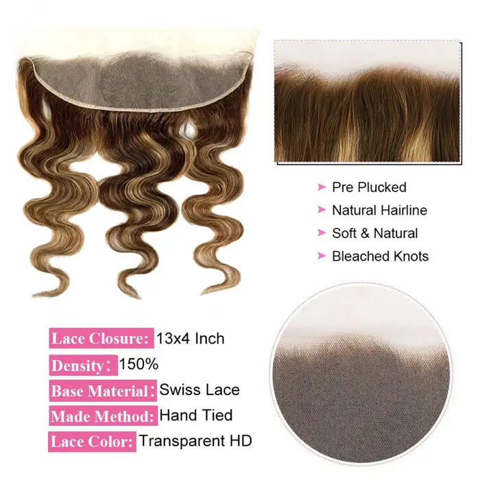 Faisceaux à reflets avec fermeture frontale brésilienne vague de corps Ombre Blonde cheveux humains