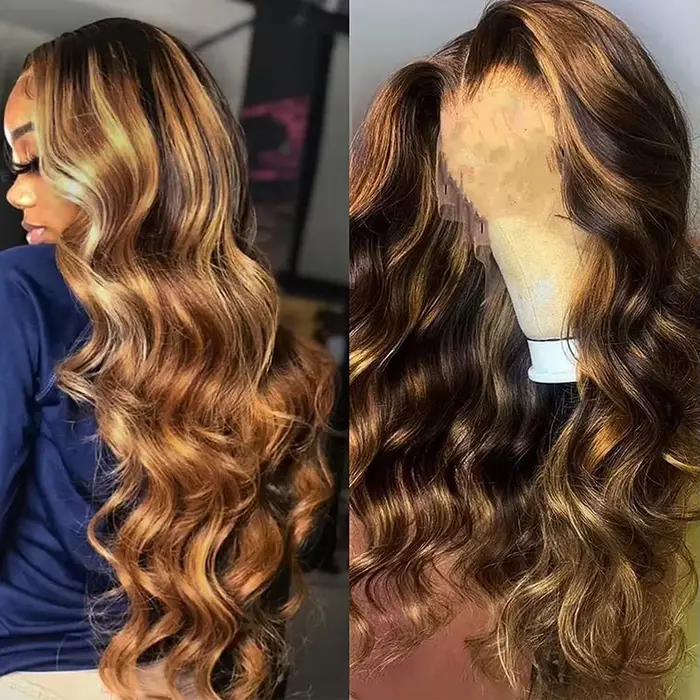 Perruque Highlight en Cheveux Humains Naturels P4/27 Blond Miel, Perruques Lace Front 13x6 en Cheveu