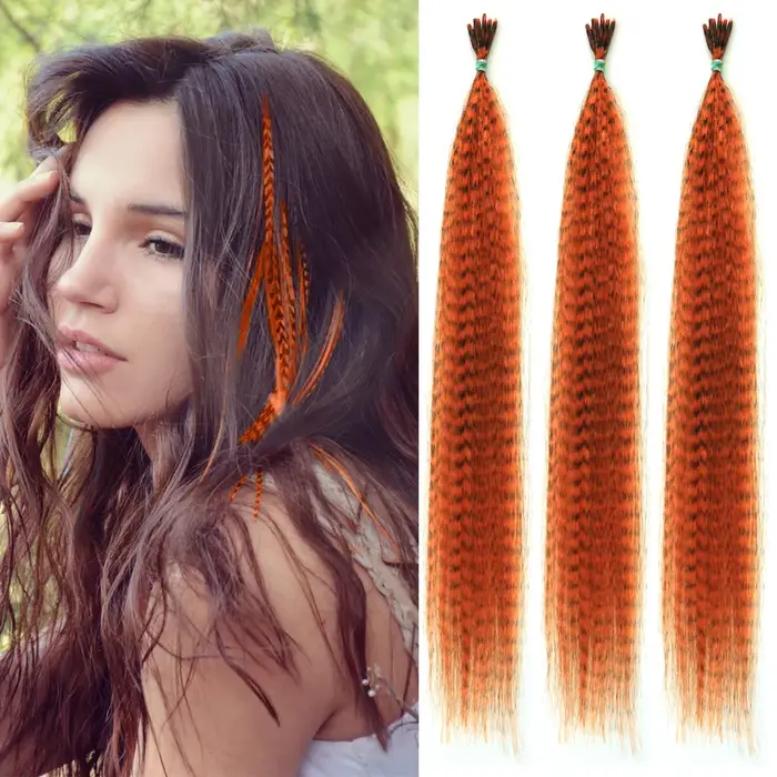 Extensions de cheveux synthétiques colorées à rayures en plumes