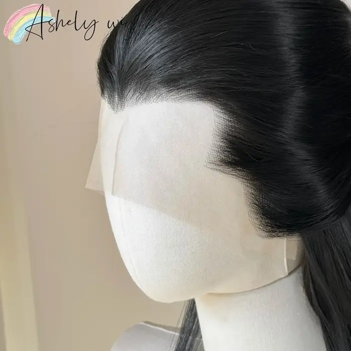 Ashely Widow's Peak Wig – Perruque synthétique noire à dentelle frontale 26 pouces 13*4