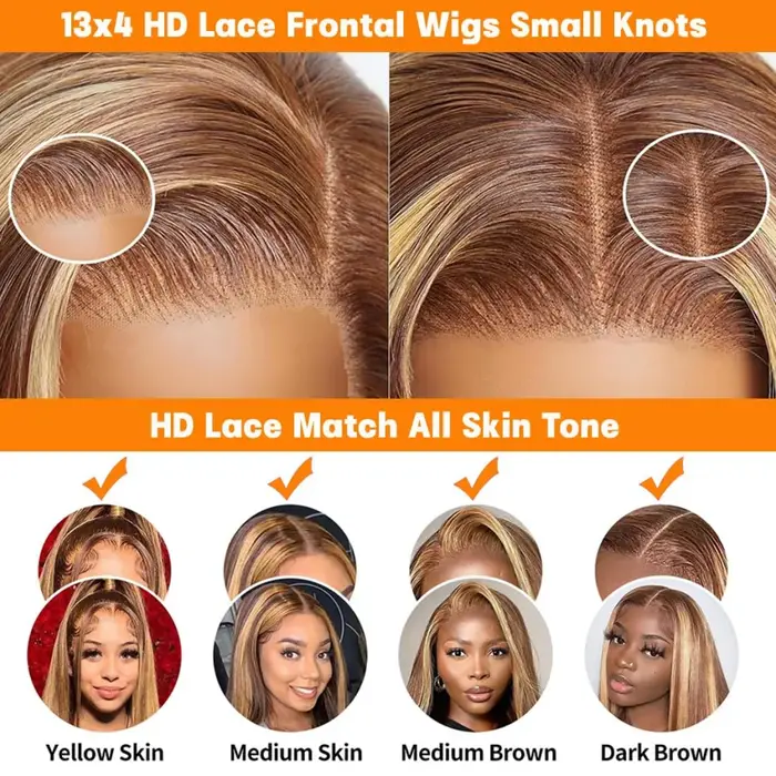 Perruque à mèches de cheveux humains 13X6 avec dentelle frontale HD, perruque droite en cheveux huma
