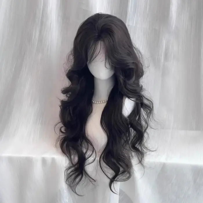 Perruque bouclée longue vague lâche noire naturelle-cheveux synthétiques résistants à la chaleur ave