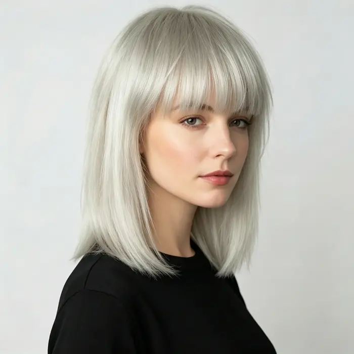 Perruque Bob Droite Gris Argenté avec Frange Complète, 100% Cheveux Humains, Coupe Droite, Bonnet Sa