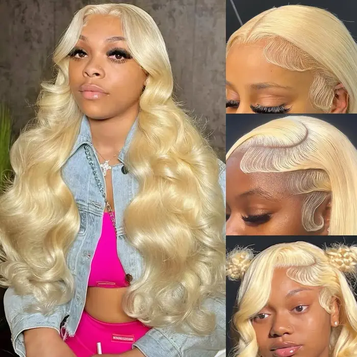 613 perruque de cheveux humains 13x6 vague de corps Blonde HD dentelle frontale perruque pré plumée 