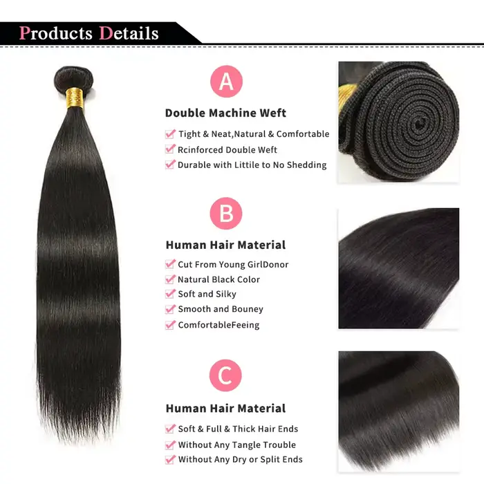 Lots de Cheveux Humains Bruts Vierges Non Traités Lisses – 3/6 Pièces – Extensions de Cheveux Humain