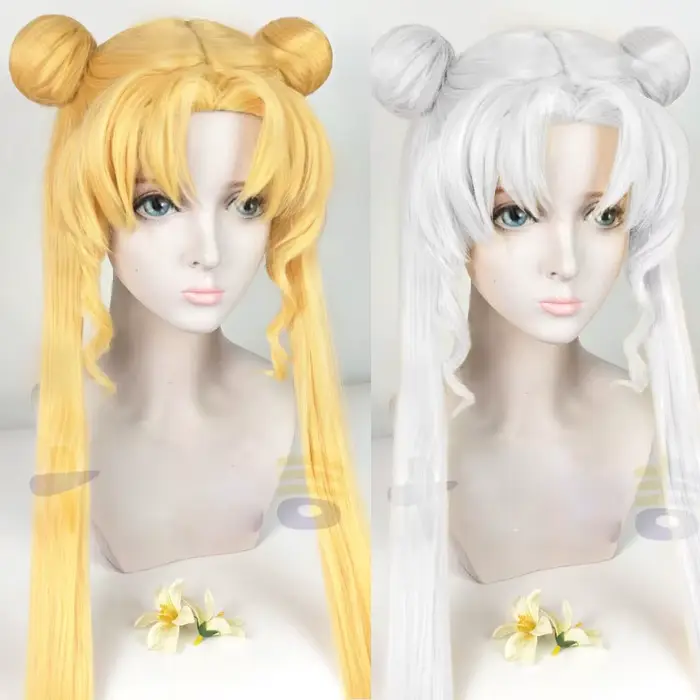 Serena Tsukino Usagi Cosplay perruque Annie 130 cm blond argent Double longue queue de cheval résistant à la chaleur