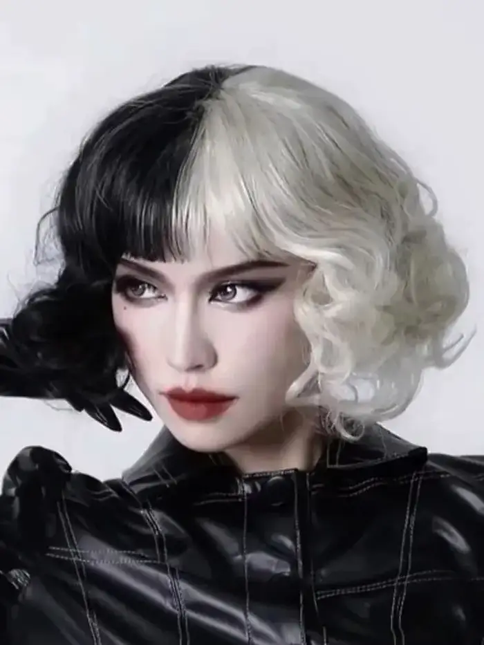 Perruque synthétique pour filles, déguisement Cruella, perruque courte bouclée noire et blanche, per