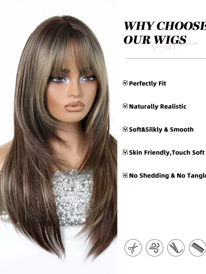 Perruque longue et droite ombrée blond-brun pour femmes avec frange douce