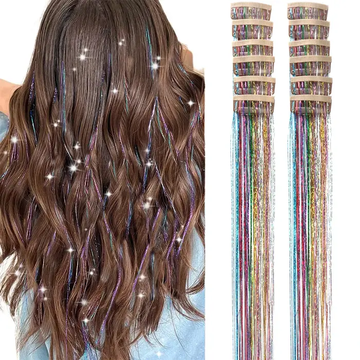 Kit de 12 mèches de cheveux scintillantes à clipser pour filles