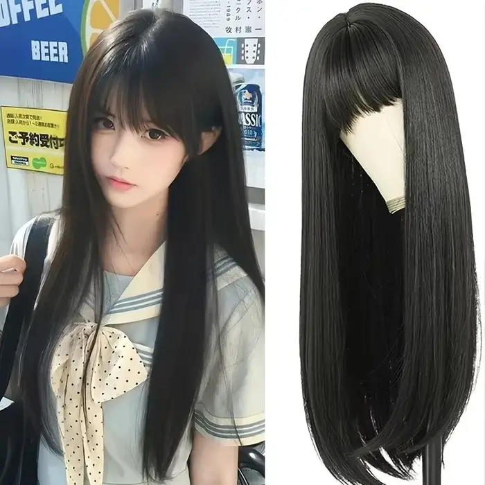 Perruque longue droite synthétique noire la plus vendue pour le cosplay d'Halloween et l'usage quotidien