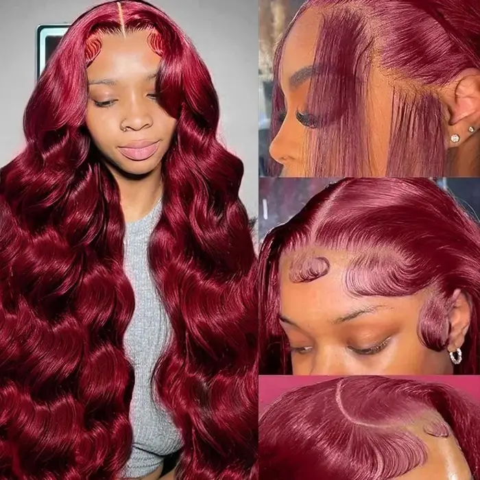 Perruque en cheveux humains ondulés bordeaux 99J, densité 200, avec dentelle frontale HD 13x6, 100% 