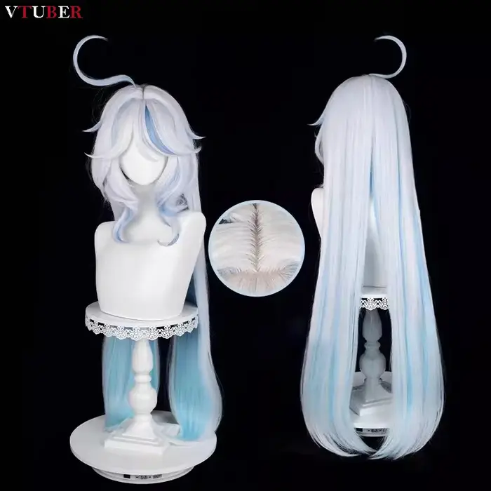 Perruque de cosplay Fontaine Focalors Furina, perruques longues de 100 cm, blanches et bleues, bouclées et ondulées, résistantes à la chaleur, pour cosplay d'anime + bonnet de perruque