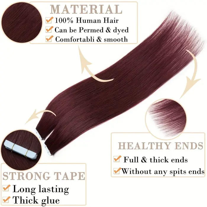 Extension de cheveux à bande Remy rouge vin, colle Double face 12-22 pouces, 20 pièces/paquet pour Extensions de cheveux fins
