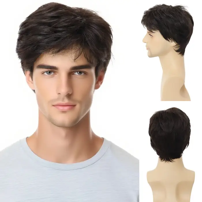 Perruque synthétique pour hommes, coupes de cheveux courtes, perruque marron foncé avec frange, coif