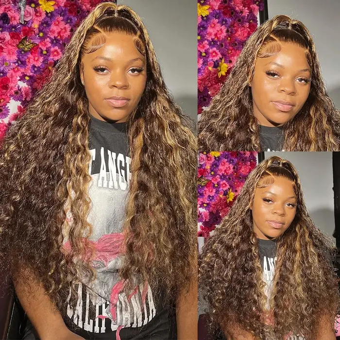 Perruque Lace Front Wig naturelle ondulée, cheveux humains, Deep Curly, brun miel, 13x4, à reflets,