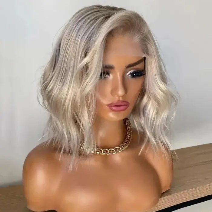 Perruque synthétique Lace Front Ombré Blond Glacé, courte, à ondulations lâches, pré-épilée, avec ra
