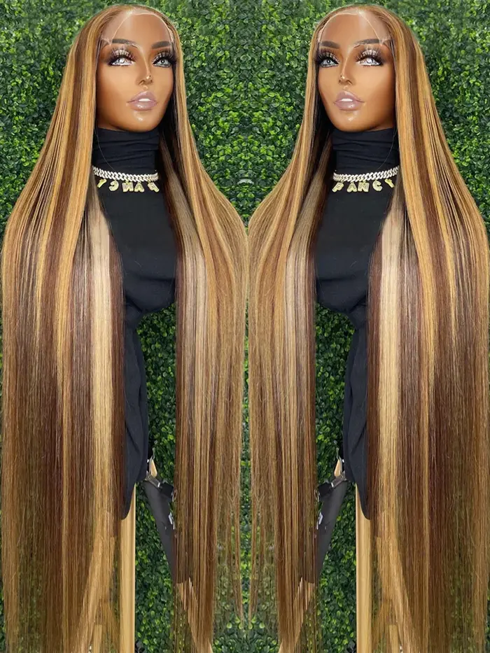 Perruque Lace Front Wig sans colle naturelle ombrée, cheveux lisses, blond miel, 13x6 HD, 30 34 pouc