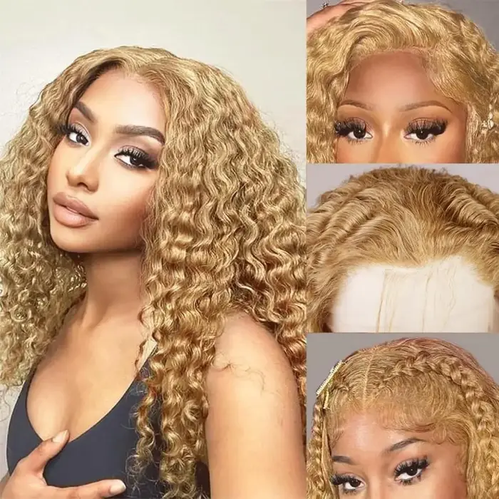 30 36 pouces miel blond perruque cheveux humains 13X6 eau vague profonde frontale perruque 13X4 bouc