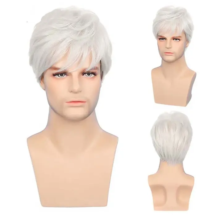 Perruque Synthétique Courte Bouclée avec Frange pour Homme, Coiffures Blanches, Costume de ixde Carn