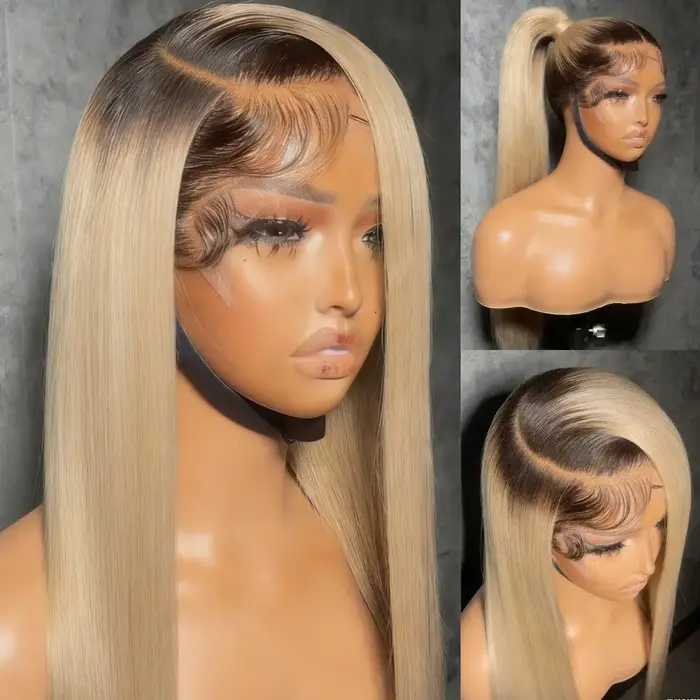 Perruque Lace Front HD 13x4 Lisse Ombré Brun Racines Blond Cendré Cheveux Humains Densité 200 pour F