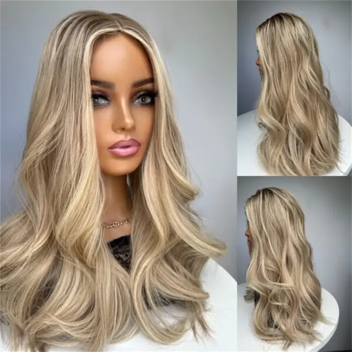 Perruque synthétique 13x4 Ombré Blond Doré Clair avec dentelle HD invisible