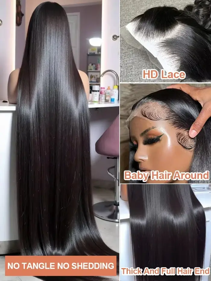 Perruques brésiliennes lisses en cheveux humains avec dentelle transparente 13x6 et 13x4, 30-40 pouc