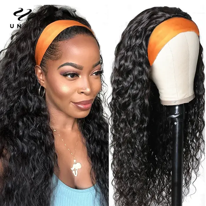 Perruque 100% cheveux naturels ondulés-UNice, prêt à porter, sans colle, avec écharpe