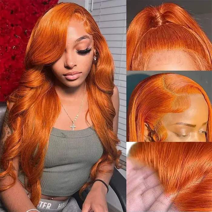 Perruque Lace Frontal Wig Body Wave brésilienne naturelle, cheveux humains, couleur Orange gingembre