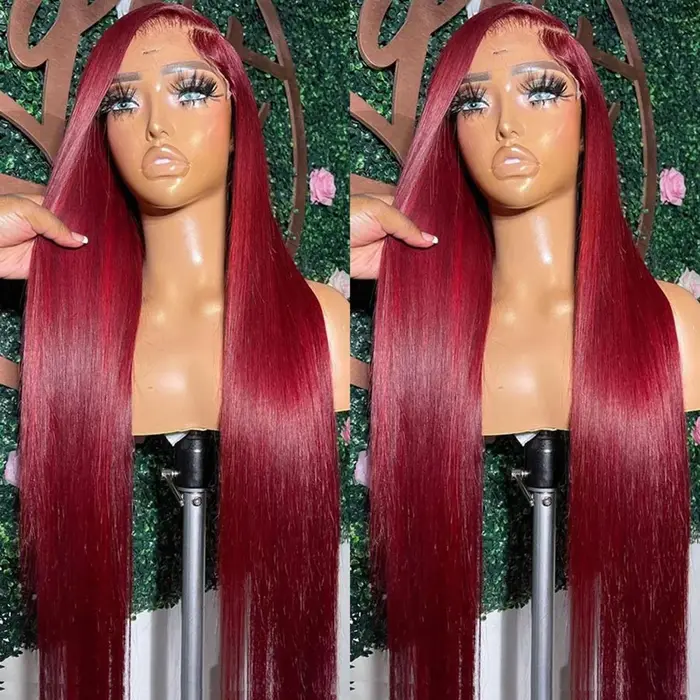 13x6 HD Transparent couleur dentelle avant perruques de cheveux humains 99J couleur bordeaux perruqu