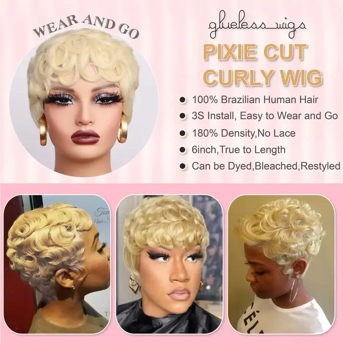 613 miel blond bouclés coupe lutin perruque 100% cheveux humains avec frange courte bouclés perruques de cheveux humains pour les femmes fabriqués à la Machine