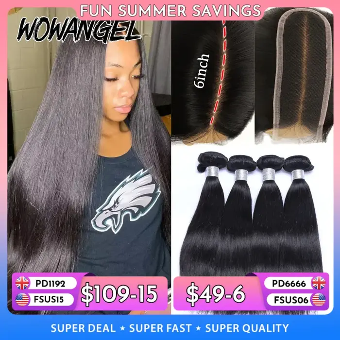 Wow Angel 2x6 HD dentelle fermeture avec paquets cheveux humains raie profonde fondu peaux 30 32 pouces brésilien