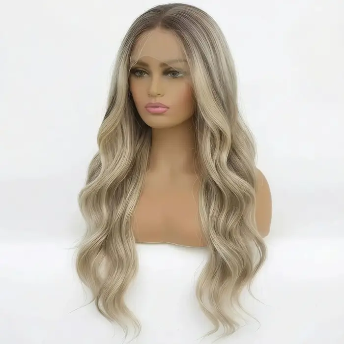 Perruque tendance dégradée brun doré brillant - Perruque longue ondulée de 66 cm avec dentelle front