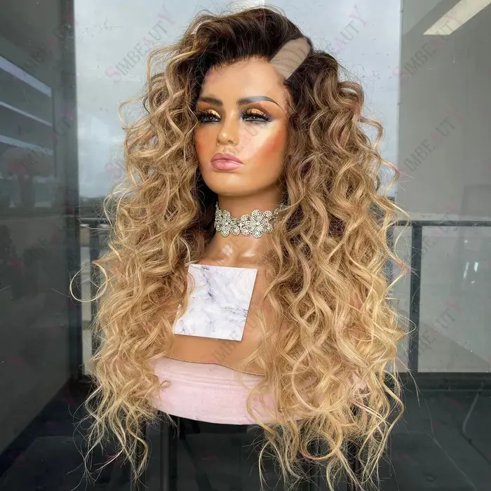 Perruques V-Part Blond Miel Mèches Dorées Cheveux Humains 100% Non Traités Bouclés Crépus Ombré Brun