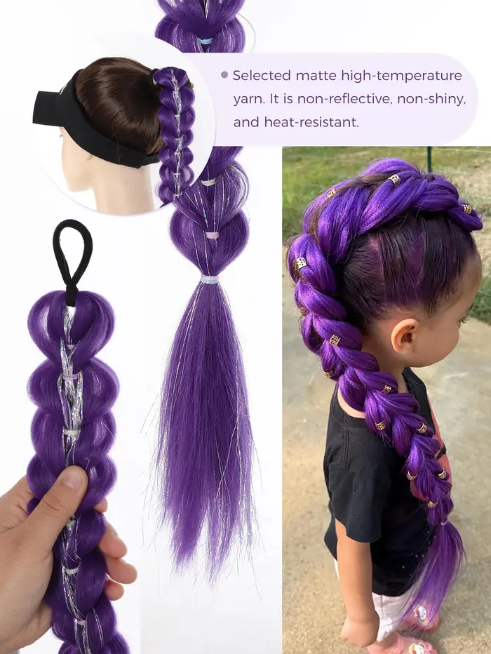 32 pouces tressé violet cheveux queue de cheval avec guirlandes perruque Super Extensions brillant