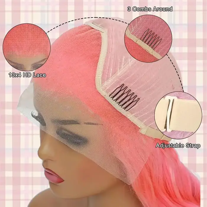 Perruque Lace Front Wig naturelle lisse rose 13x6 Hd, cheveux humains, 30 pouces, pre-plucked, densi