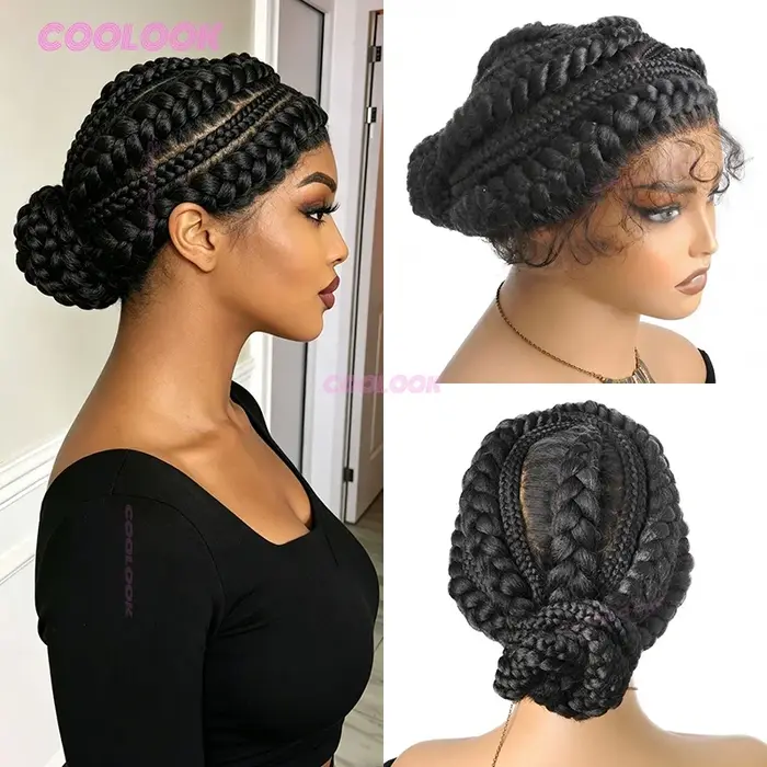Perruque tressée sans colle avec chignon cornrow