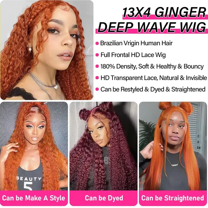 Perruques Lace Front 13x6 en cheveux humains pour femmes, bouclées orange gingembre, Deep Wave, Perr