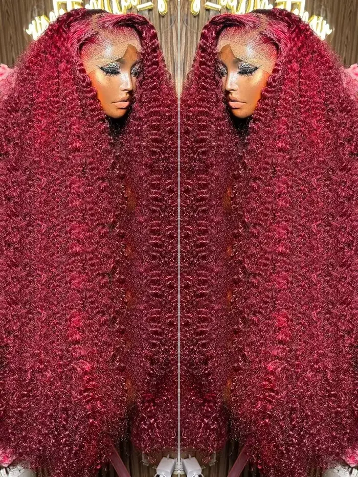 Perruque Lace Front Wig Naturelle Bouclée, Cheveux Humains, Couleur Rouge Bordeaux 99J, 13x6, 13x4, 