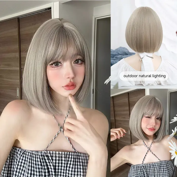 Gridelin-Perruque Lolita Synthétique avec Frange pour Femme, Cheveux Raides Naturels Moyens, Degré d