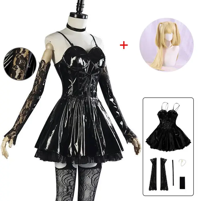 Misa Amane Cosplay Costume pour femme, perruque, cuir 216.239., robe sexy, collier, manches en dentelle, bas, uniformes, tenues Anime