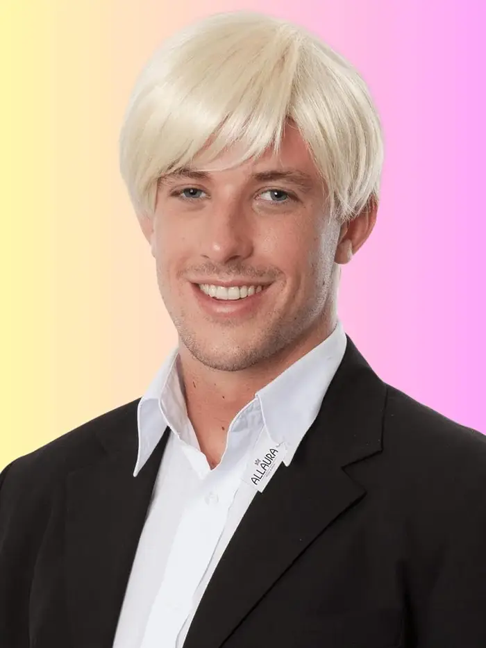 Perruques courtes blondes pour hommes synthétiques droites couches Halloween Ken Cosplay perruque de cheveux ou Bandana