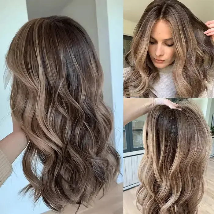 Perruque Lace Front Synthétique Transparente 13x4 Marron Foncé avec Mèches Blondes