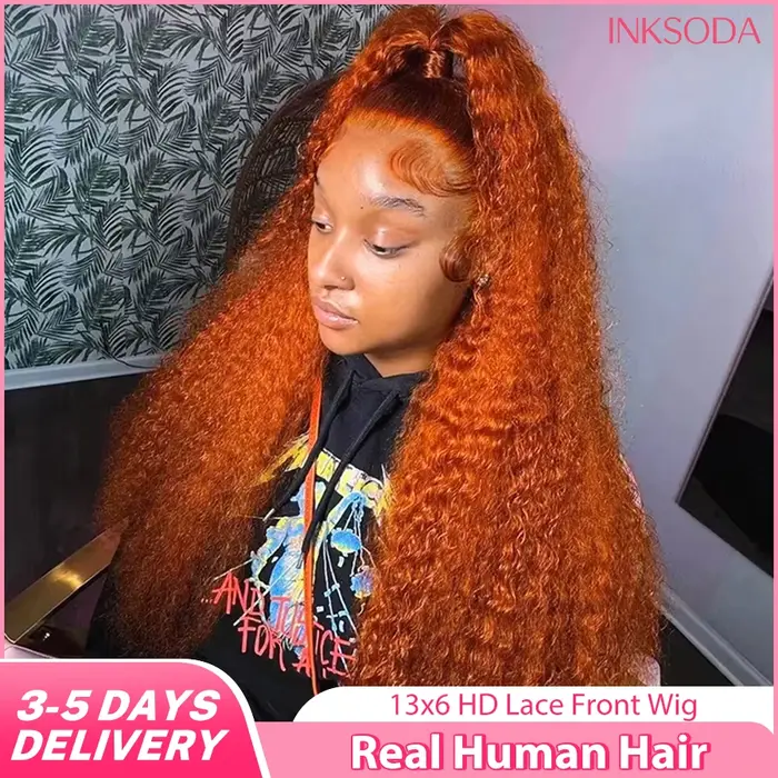 Perruque frontale bouclée Deep Wave de 36 pouces, couleur gingembre-orange, transparente 13x6 HD, en
