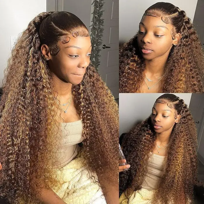 Perruque Lace Frontal Wig naturelle bouclée ombrée à reflets blonds, perruque transparente Hd ondulé