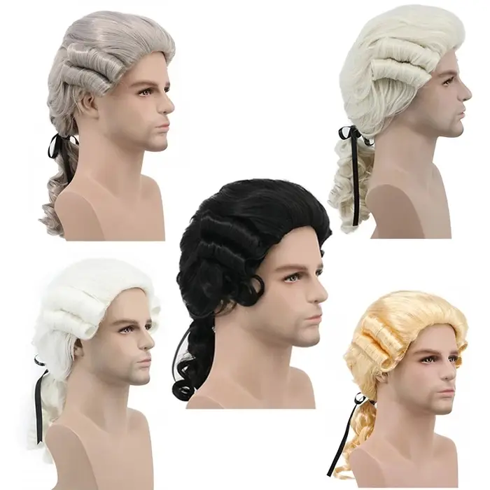 Gris blanc noir avocat juge baroque bouclés mâle Costume perruques de luxe historique Halloween longue synthétique