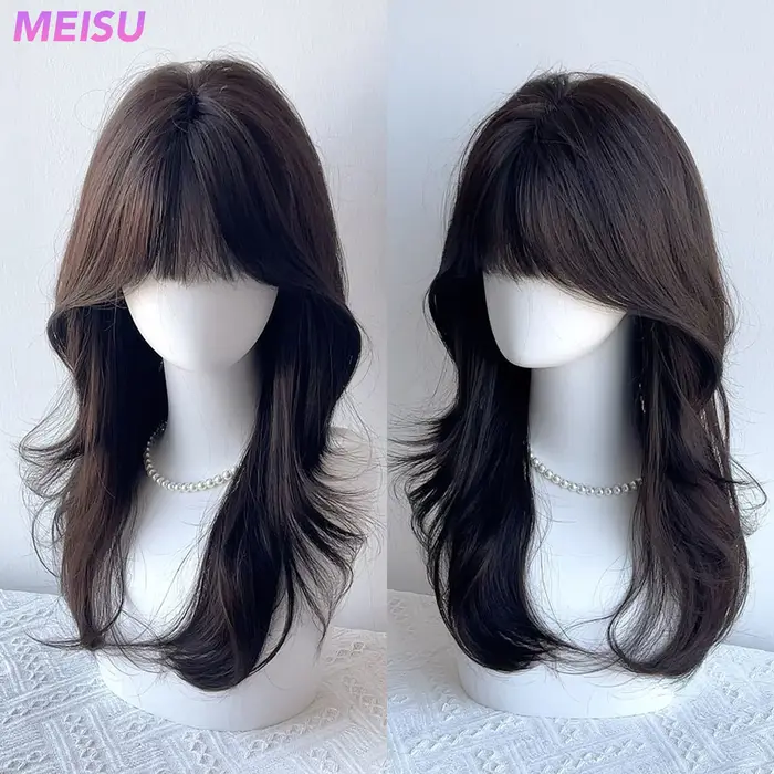 MEISU – perruque synthétique bouclée au thé noir de 20 pouces, cheveux naturels lisses résistants à 