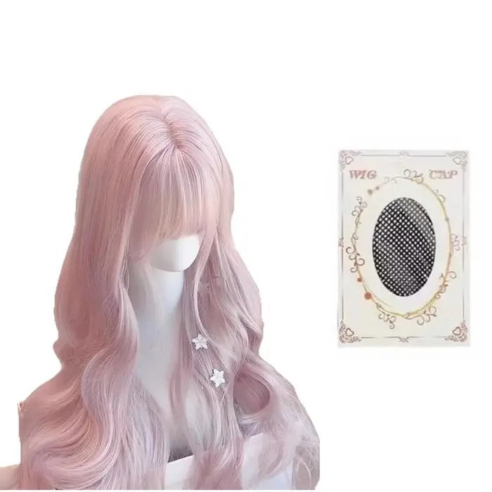 Perruque synthétique ondulée rose avec frange, cheveux longs et bouclés naturels, perruque superposé