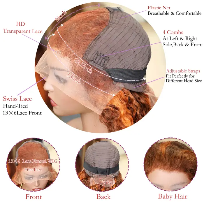 Vague d'eau 4/350 mettre en évidence 13x6 HD dentelle frontale perruque cheveux humains brun gingemb